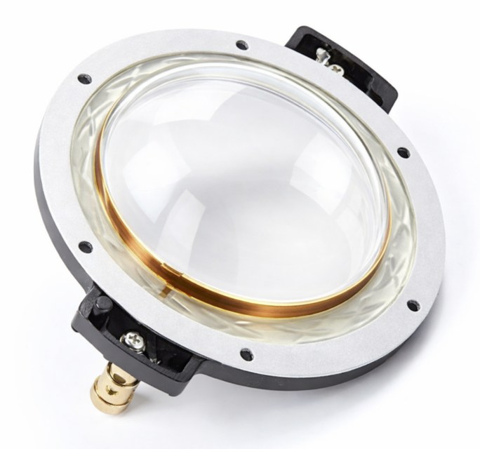 Glass dome diaphragm of the REDCATT 202N-GL compression driver: a transparent, precision-formed chemically strengthened glass dome on a 3-inch copper-clad aluminium voice coil